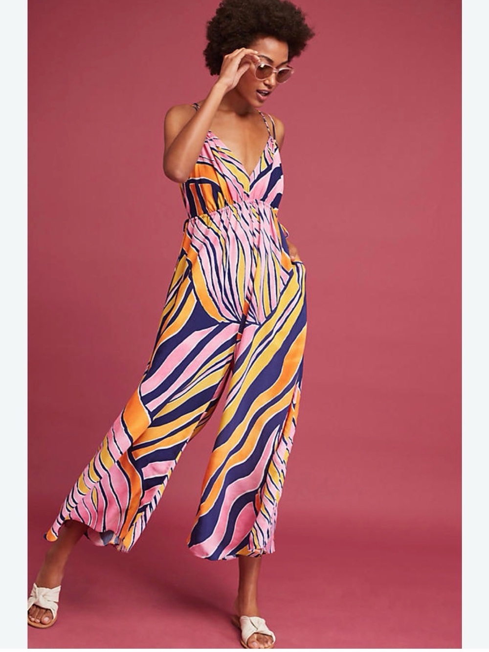 Anthropologie Maeve Finley Wide Leg Jumpsuit Size 2 Pink Orange Print